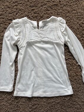Girls' White Long-Sleeve Lace Yoke Top